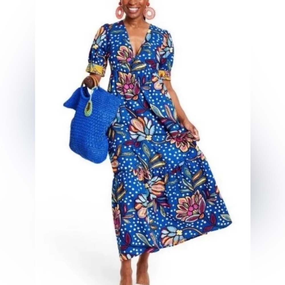 Tabitha Brown x Target‎ Mixed Floral Polka Dot Print Puff Sleeve Maxi Dress Sz 0
